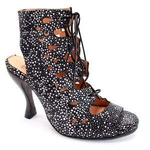 John Fluevog Attentions Gwen open toe bootie devilfish leather